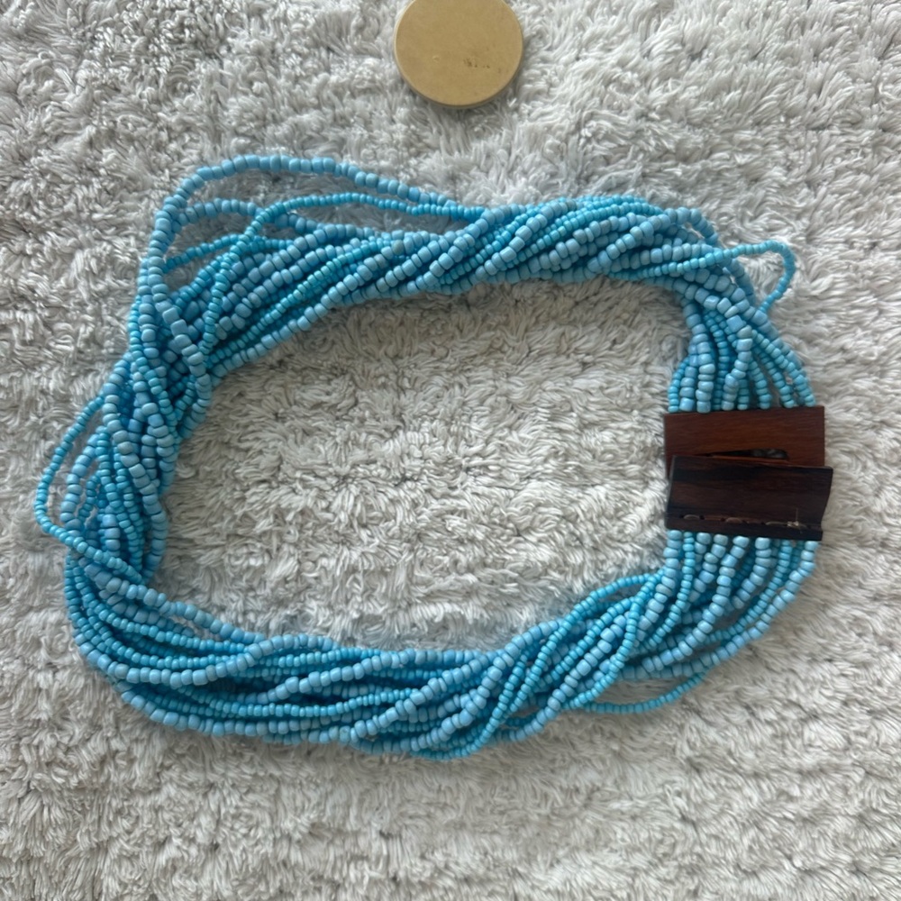 Turquoise Blue Glass Seed Bead Multi- Strand Necklace w/ Wooden Clasp - Picture 3 of 3